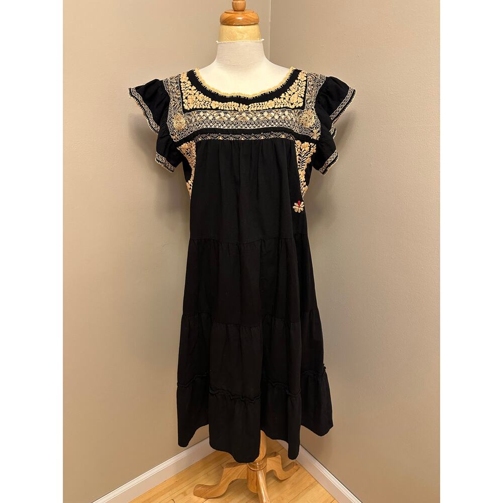 Margarita Mercantile Tiered Ruffle Sleeve Embroidered Dress Black/Gold Sz Medium